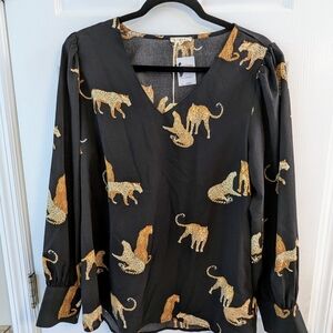 JODIFL Black and Gold Leopard Print Long Sleeve V-neck Silky Blouse